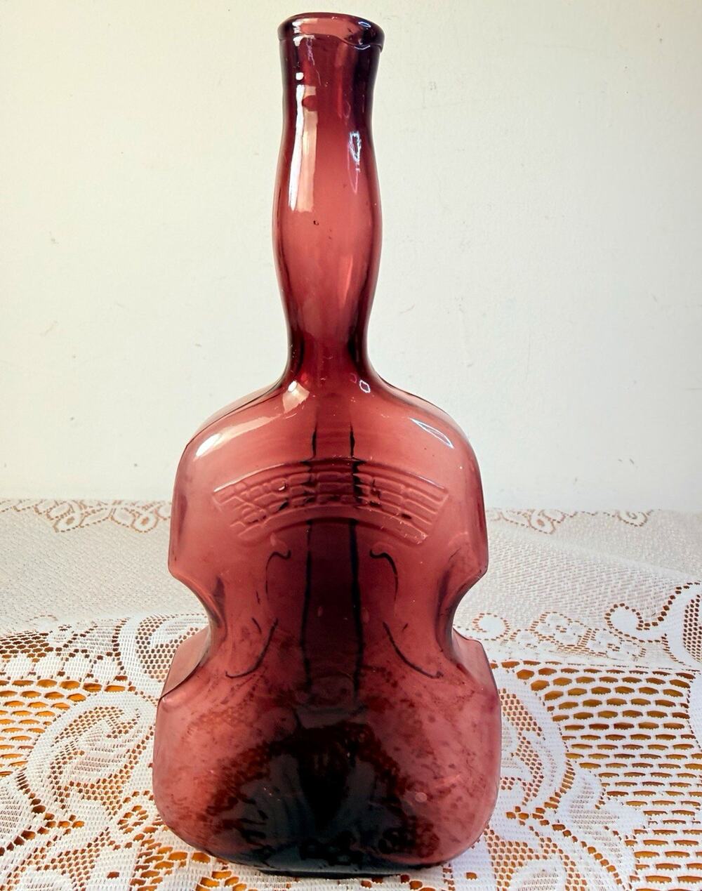 Unmarked Purple Amethyst Glass Violin Decorative Bottle 10 in Music Theme
